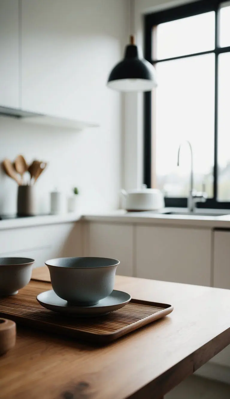 A minimalist Japandi kitchen with a ceramic tea set on a wooden table, surrounded by natural light and simple, clean design elements