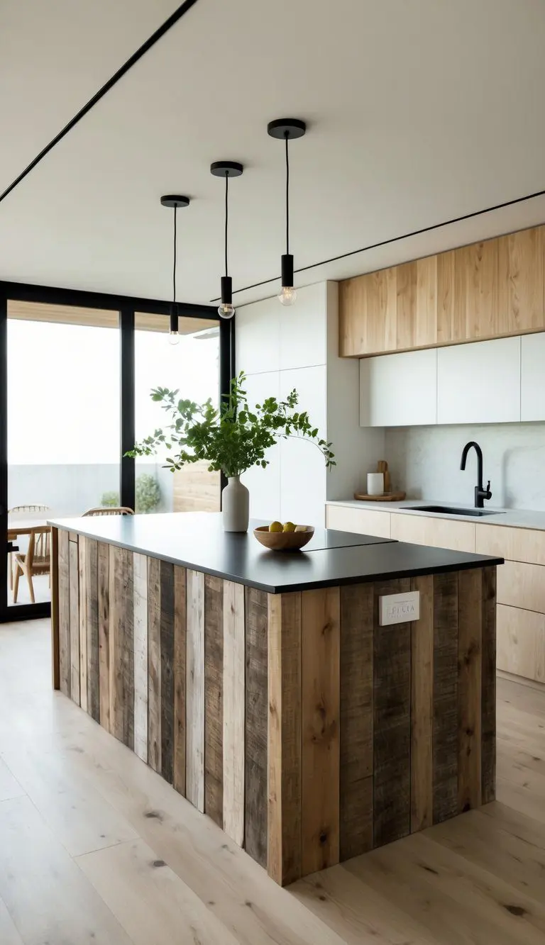 A sleek reclaimed wood island anchors a minimalist Japandi kitchen, surrounded by clean lines and natural materials