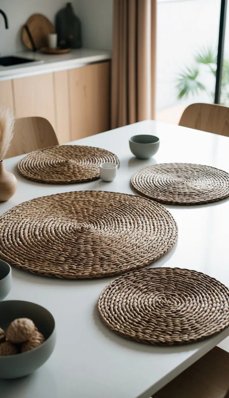 A set of woven placemats arranged on a sleek, minimalist Japandi kitchen table surrounded by natural materials and clean lines