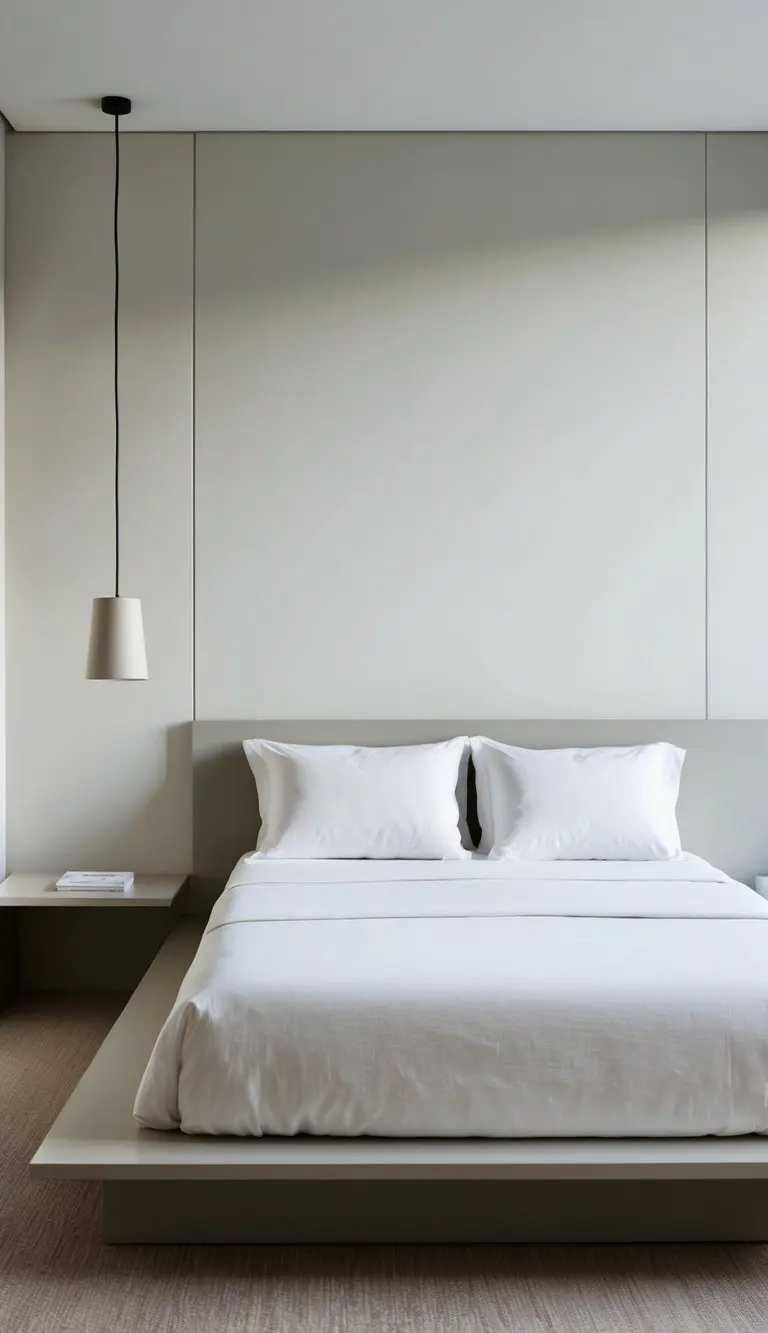 A serene bedroom with clean lines, neutral colors, and minimal furniture. A platform bed with crisp white linens, a simple nightstand, and a sleek pendant light