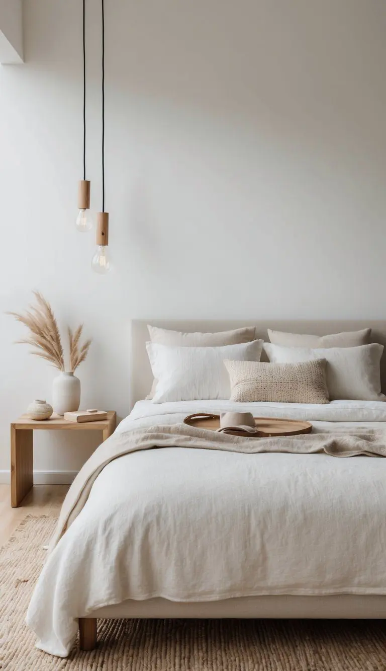 A serene bedroom with neutral colors, clean lines, and natural textures like wood, linen, and wool. Simple decor and uncluttered surfaces create a minimalist and calming atmosphere