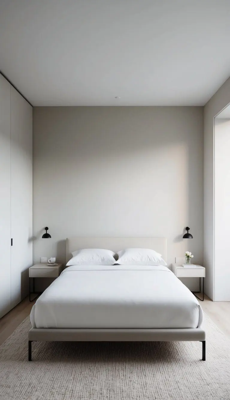 A low-profile bed sits in a minimalist bedroom with clean lines and neutral colors. A simple nightstand and unadorned walls complete the serene scene