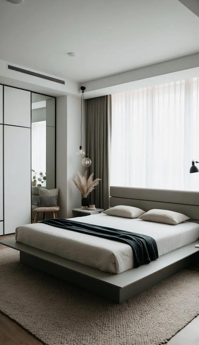 A bedroom with a low platform bed, clean lines, neutral colors, and a few carefully chosen functional decor items