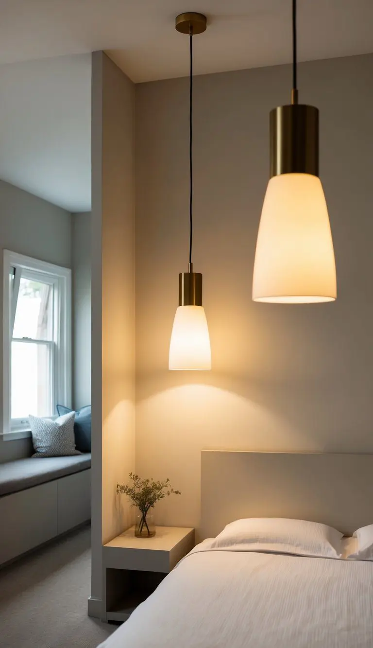 Soft, warm light spills from a pendant lamp onto a simple, uncluttered bedroom. A sleek, modern bed sits against a neutral wall, while a cozy reading nook beckons from a corner