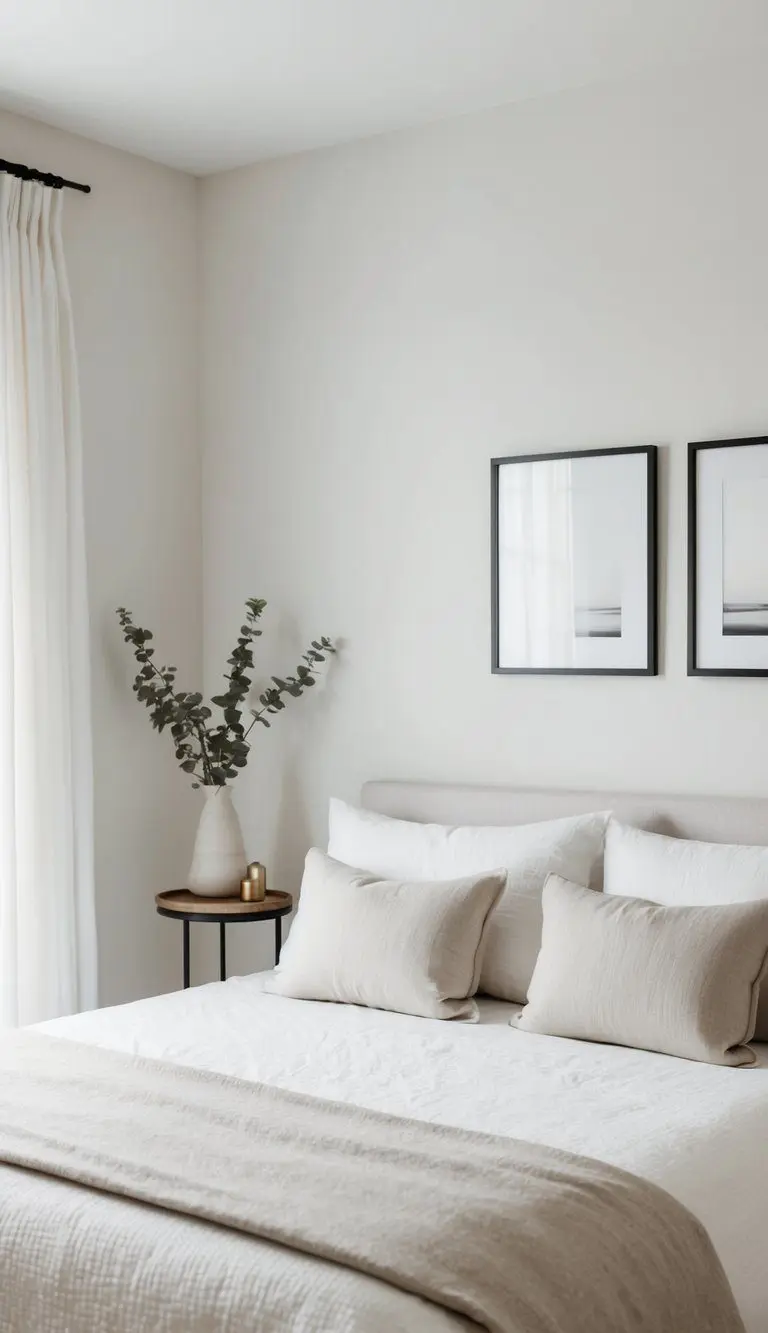 A serene bedroom with simple furnishings and neutral colors. Clean lines and minimal decor create a peaceful, uncluttered space