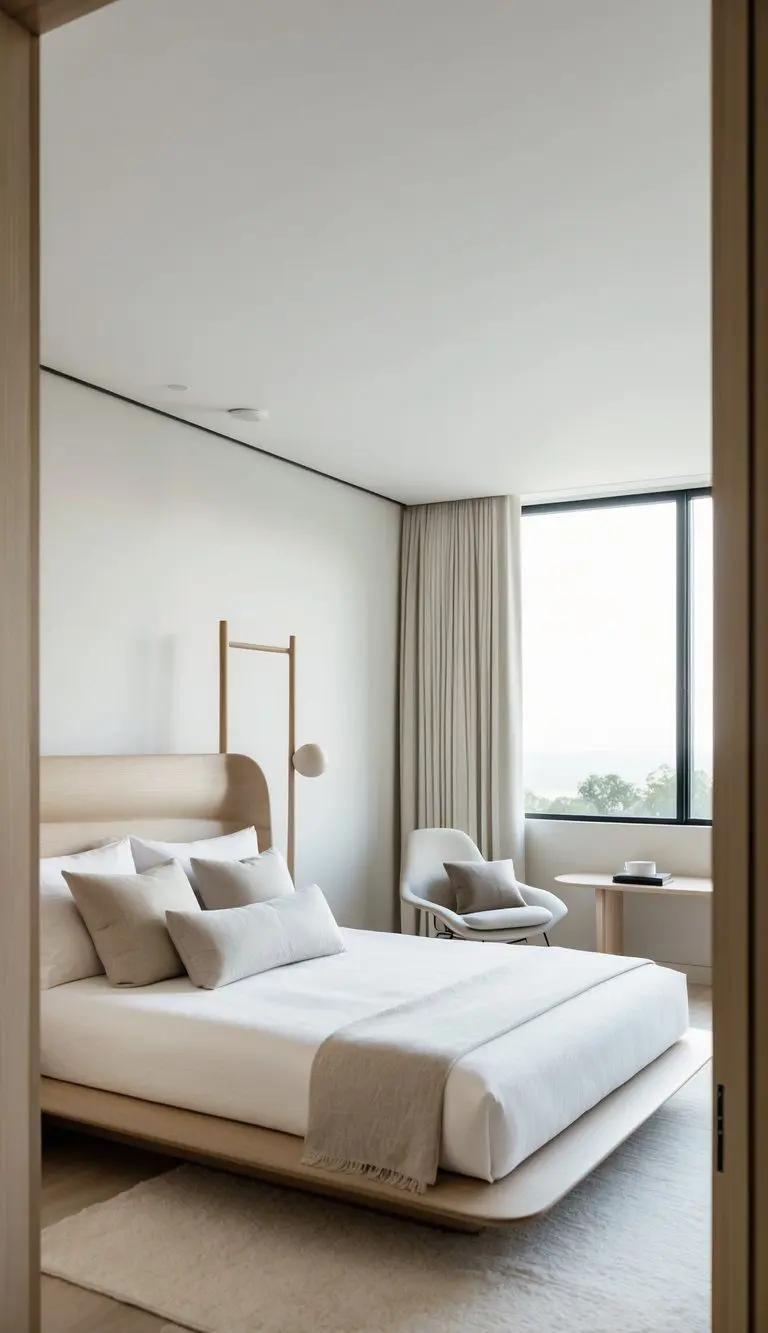 A serene bedroom with sculptural furniture, clean lines, and minimal decor. Light wood tones and neutral colors create a calming atmosphere