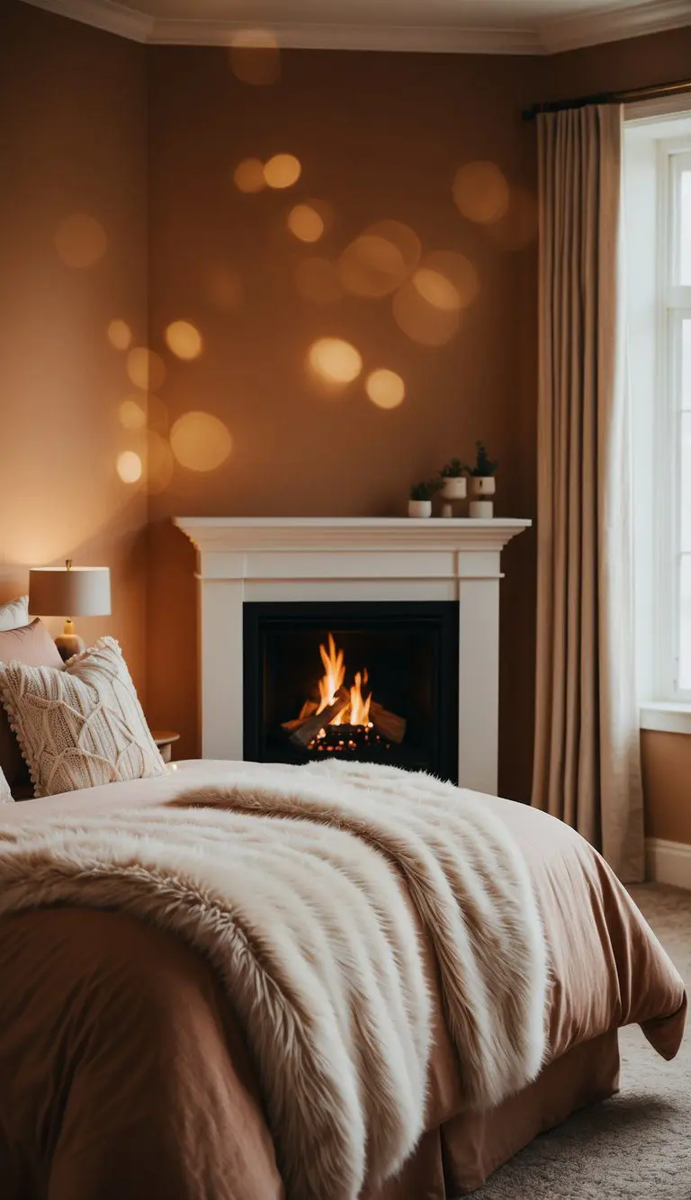 A warm, inviting bedroom with soft, fluffy bedding, warm lighting, and a crackling fire in the fireplace