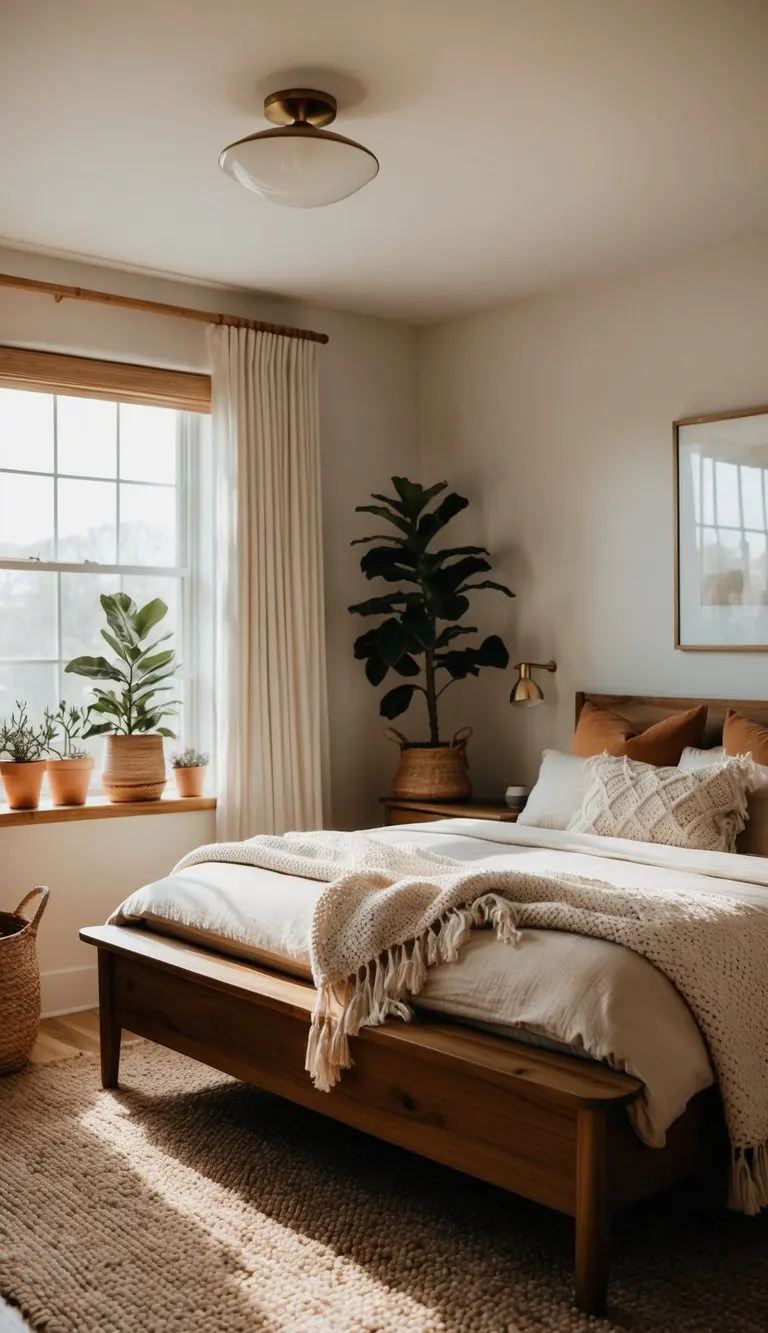 A cozy bedroom with warm wood furniture, soft blankets, and natural accents like potted plants and woven rugs. A sunlit window adds warmth to the room