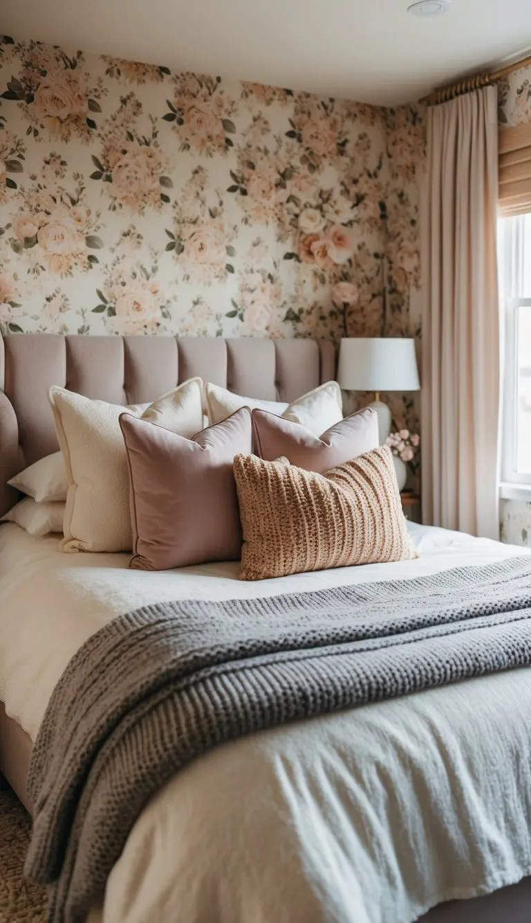 A cozy bedroom with floral wallpaper, soft lighting, and a plush bed adorned with throw pillows and a knitted blanket