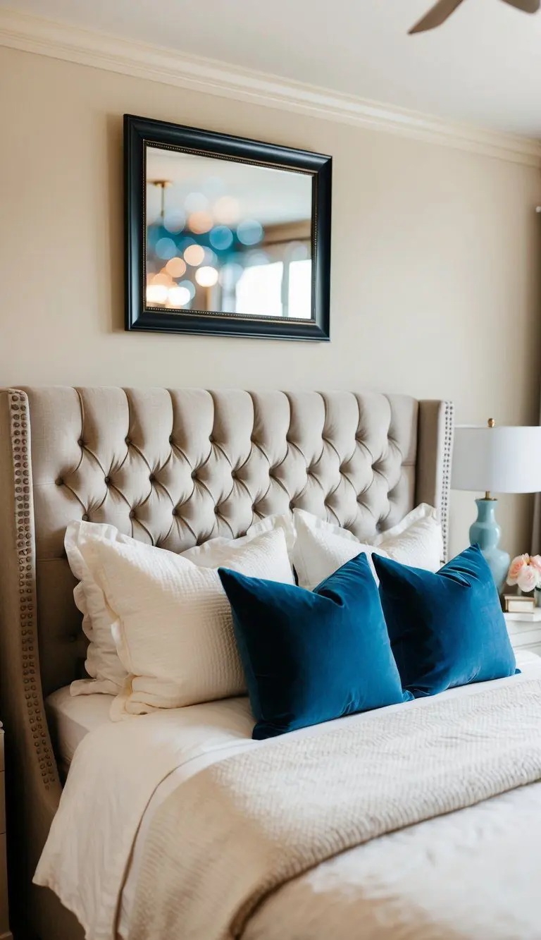 A plush headboard adorns a cozy bedroom, inviting comfort and relaxation