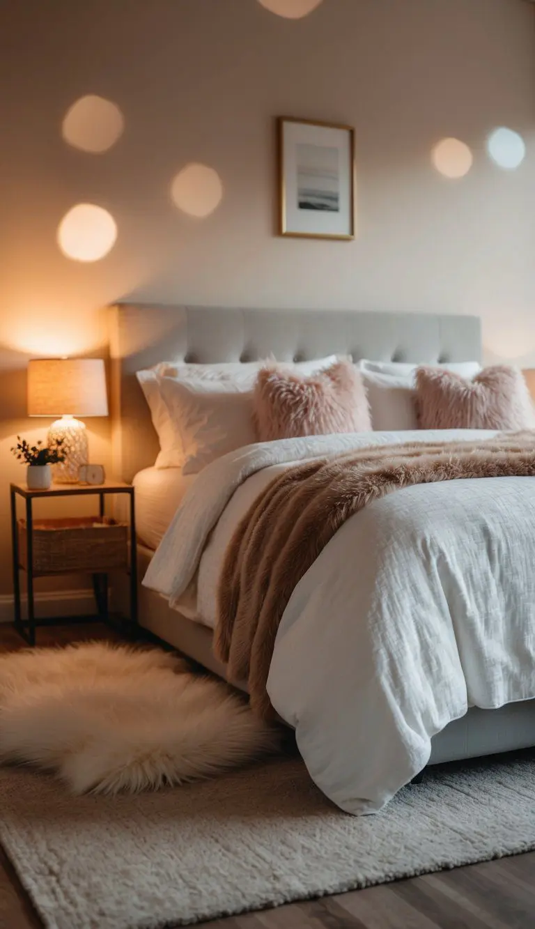 A cozy bedroom with warm lighting, a fluffy throw blanket on the bed, and a soft rug on the floor