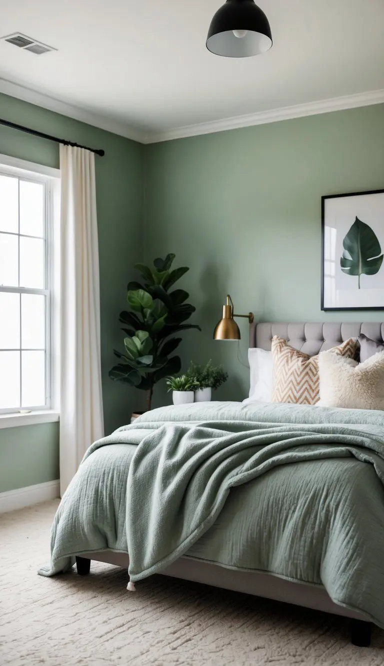 A cozy bedroom with sage green walls, soft lighting, plush bedding, and potted plants