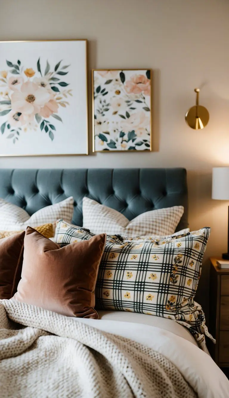 A cozy bedroom with a mix of patterns: plaid, floral, and geometric. Soft textures like knit blankets and velvet pillows add warmth
