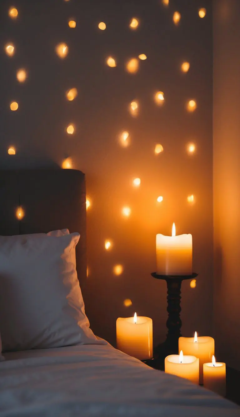 Soft candlelight illuminates a cozy bedroom, casting warm, flickering shadows on the walls and creating a tranquil and intimate ambiance