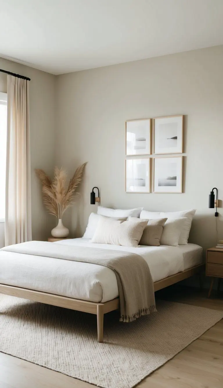 A serene Japandi bedroom with minimalist furniture, neutral color palette, natural materials, and soft lighting