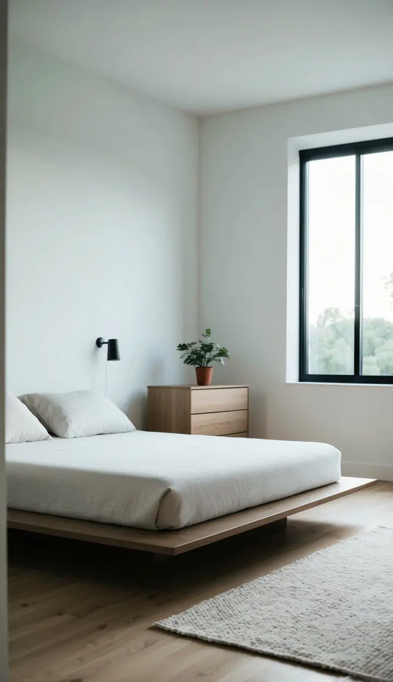 A serene bedroom with a low platform bed, a sleek wooden dresser, and minimal decor. A large window lets in soft natural light, and a small potted plant adds a touch of greenery