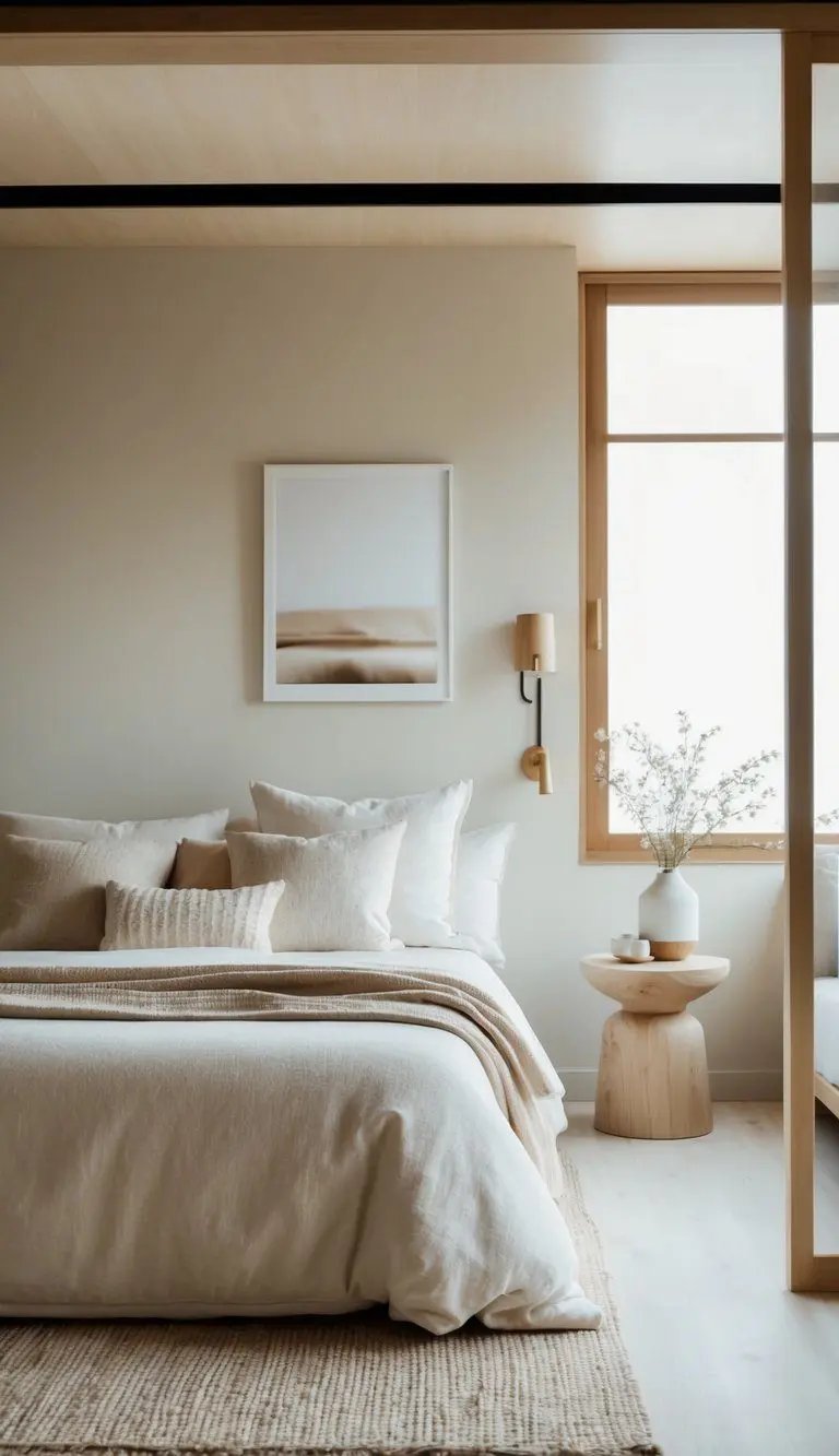 A serene Japandi bedroom with soft neutral colors, minimal furniture, and natural materials