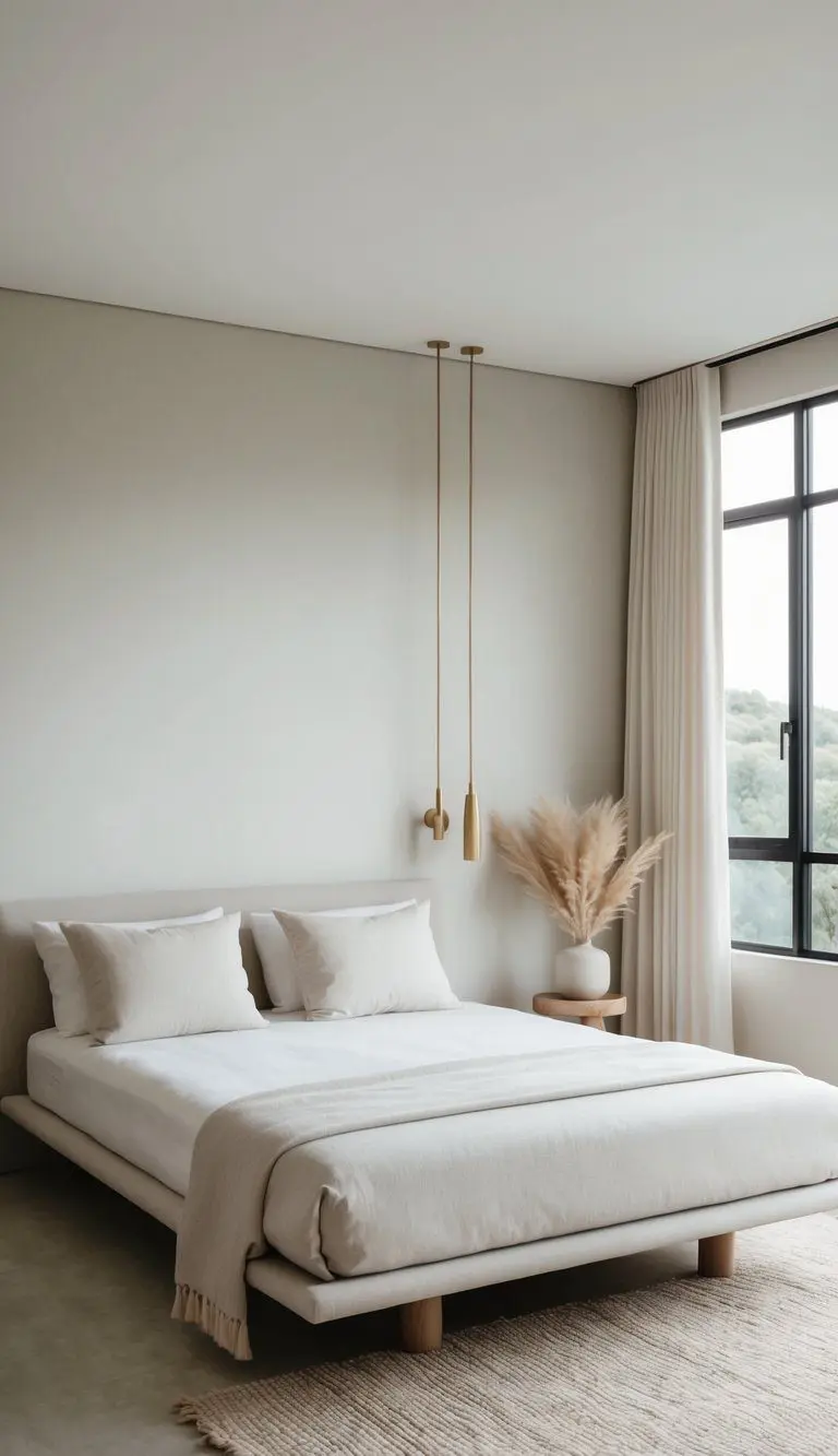 A serene bedroom with a minimalist low bed frame, clean lines, and natural materials. Soft, neutral colors and uncluttered surfaces create a tranquil Japandi-inspired space