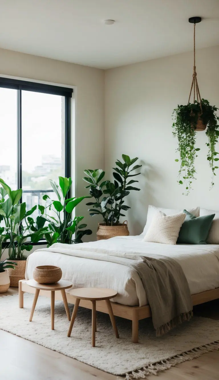 A cozy Japandi bedroom with minimalistic furniture, soft neutral tones, and an array of indoor greenery, creating a serene and vibrant atmosphere