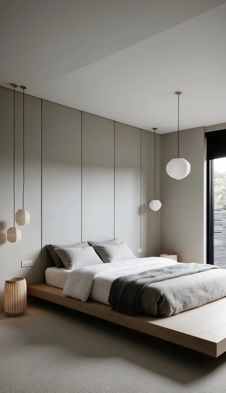 A minimalist bedroom with clean lines, muted colors, and natural materials. A low platform bed with simple bedding, paper lanterns, and wooden furniture