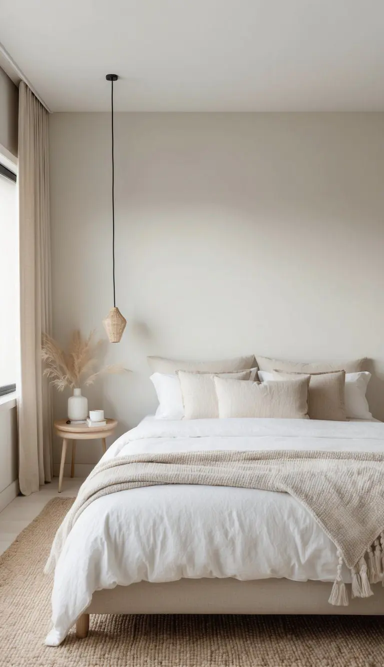 A serene Japandi bedroom with minimalistic furniture, natural materials, and clean lines. A neutral color palette and uncluttered space create a sense of calm and simplicity