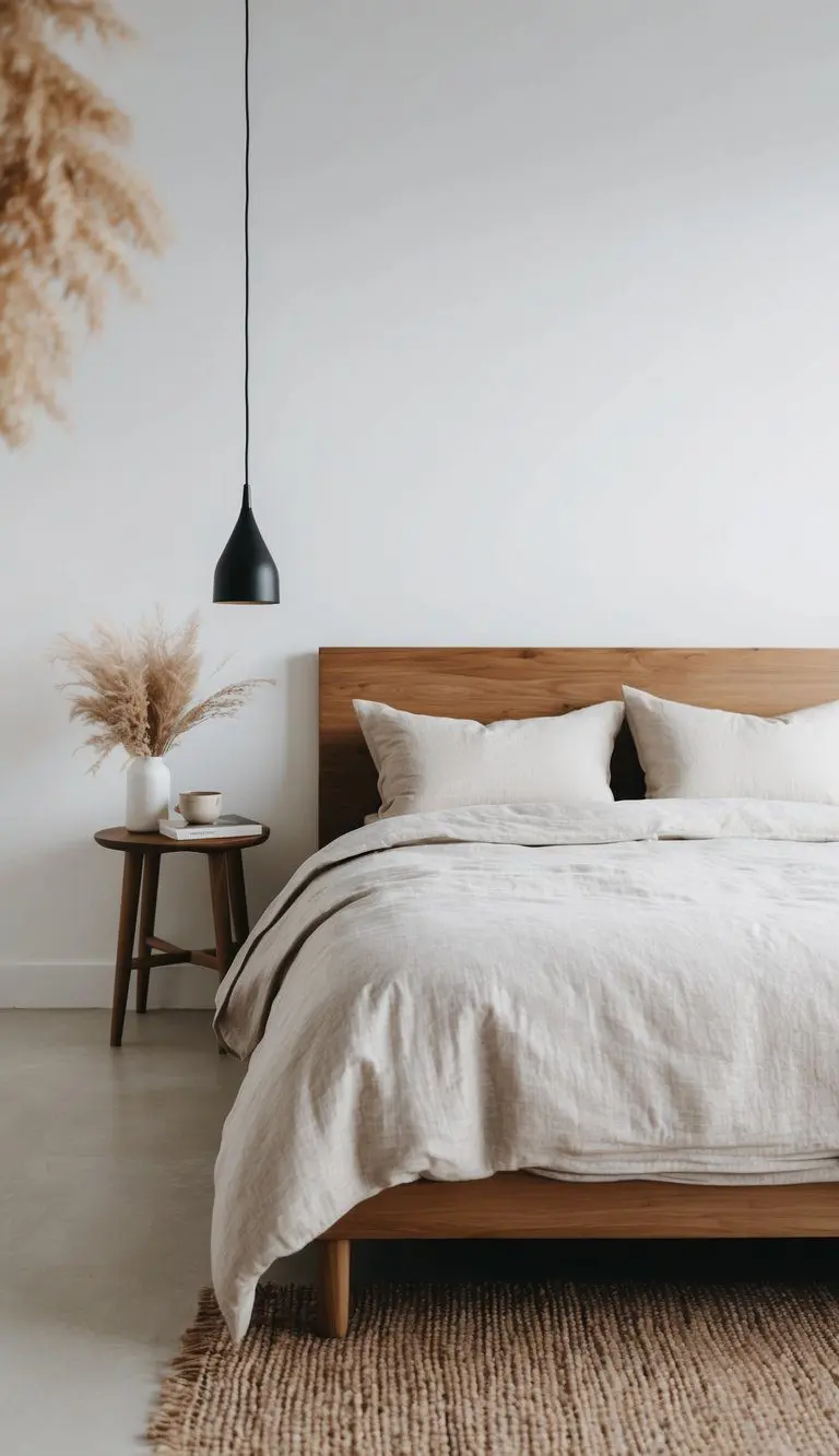 A minimalist bedroom with linen bedding, wooden furniture, and natural textures