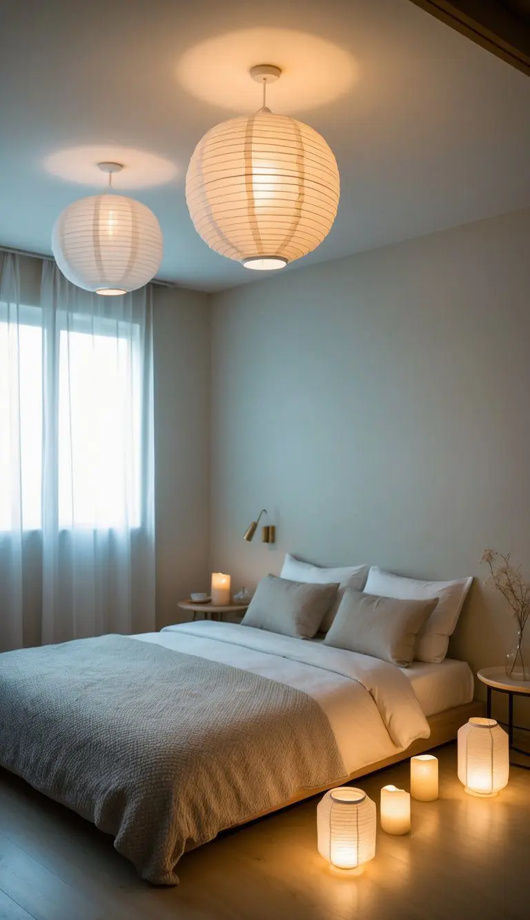 A cozy bedroom with minimal furniture, low lighting, and soft glows emanating from paper lanterns and candles. A simple and serene Japandi aesthetic is evident in the clean lines and natural materials