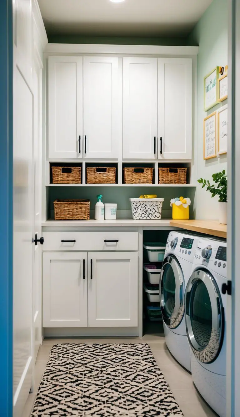 Custom cabinetry conceals clutter in a small laundry room. Shelves, baskets, and hooks organize supplies. A bright, clean space with a pop of color