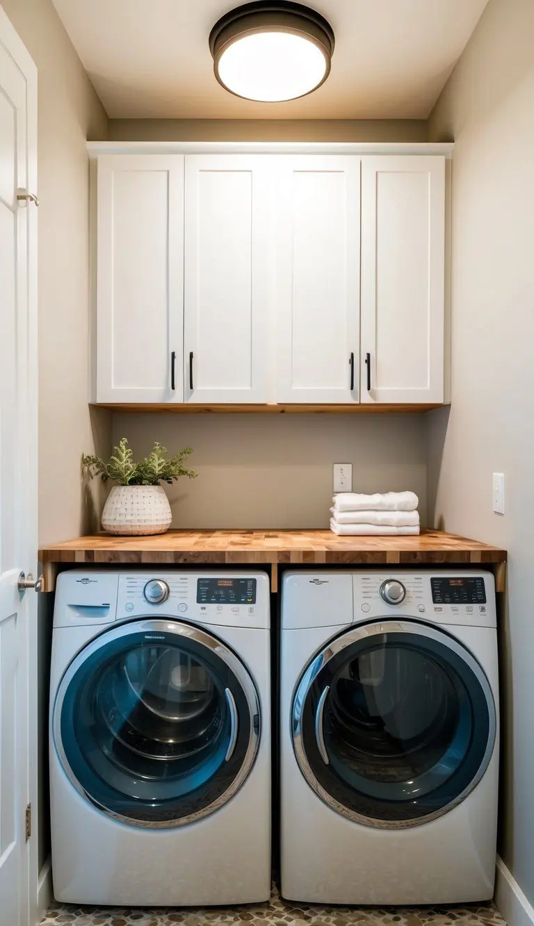 A butcher-block countertop sits above laundry machines in a small room makeover