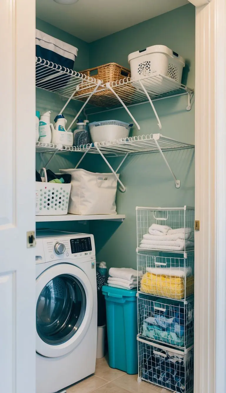A drying rack is mounted on the wall in a small laundry room, surrounded by neatly organized laundry supplies and storage solutions