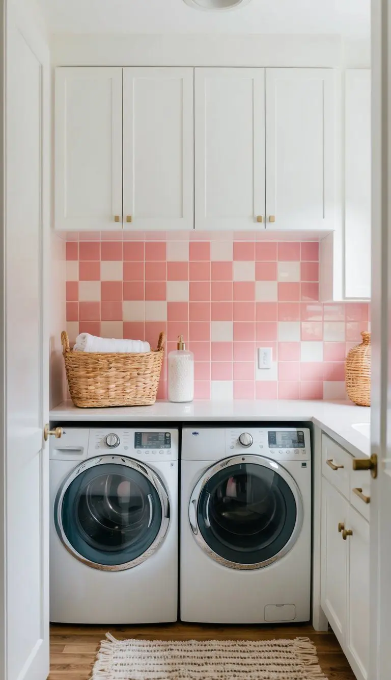 A small laundry room with a pink backsplash, adding a pop of color to the space