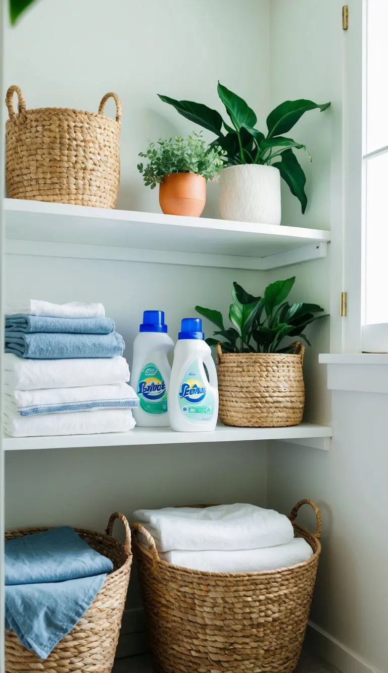 Open shelves display detergent, baskets, and plants in a small, bright laundry room. Baskets hold neatly folded linens and towels