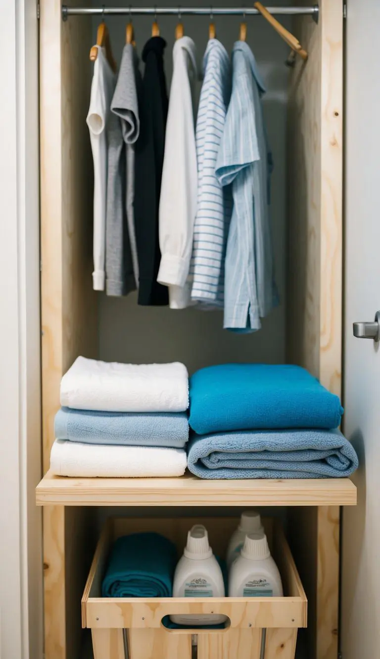 A birch plywood folding station in a small laundry room, with neatly folded towels and a hanging rack for clothes