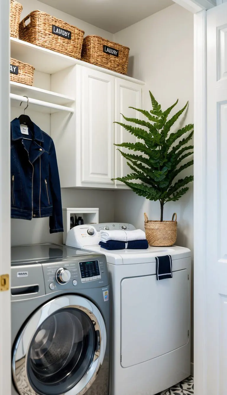A small laundry room with a faux fiddle leaf fern as decor, featuring 10 makeover ideas
