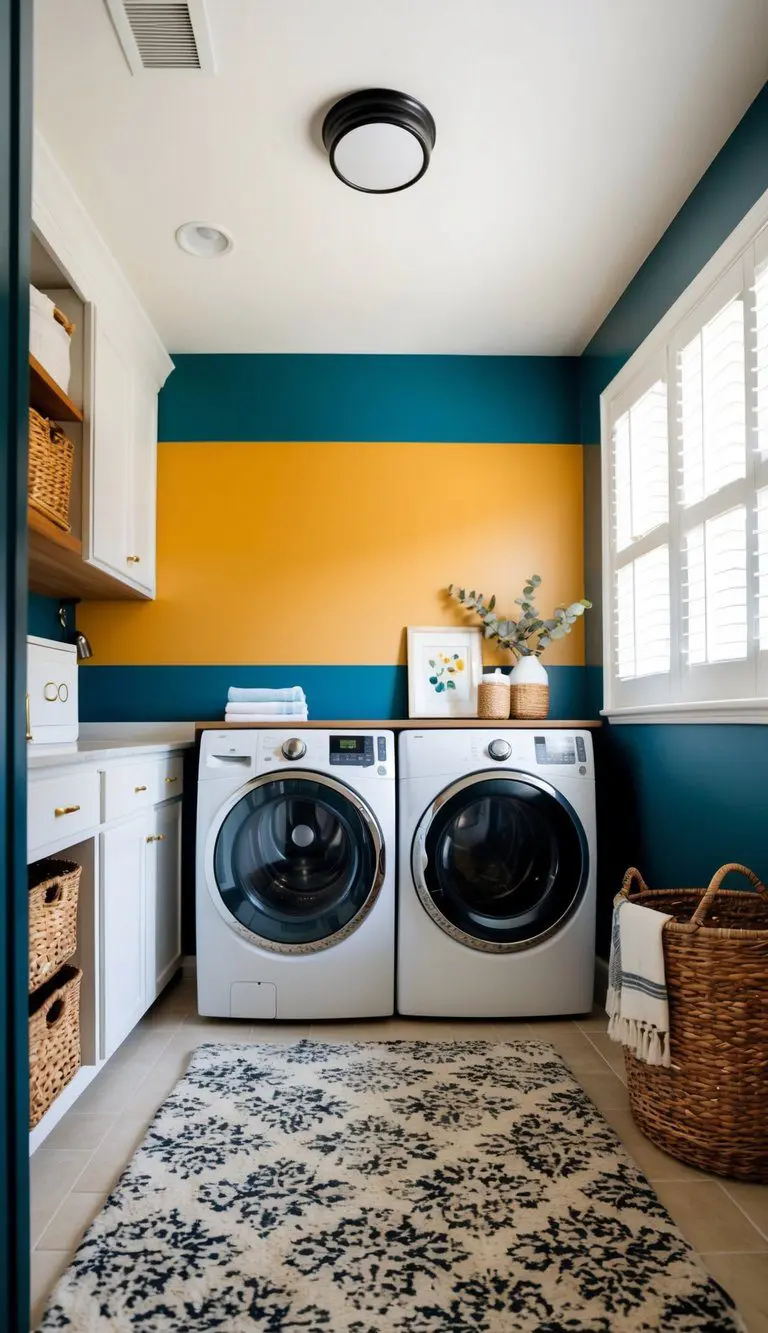 A laundry room with a bold accent wall in a vibrant color, complemented by stylish decor and functional storage solutions