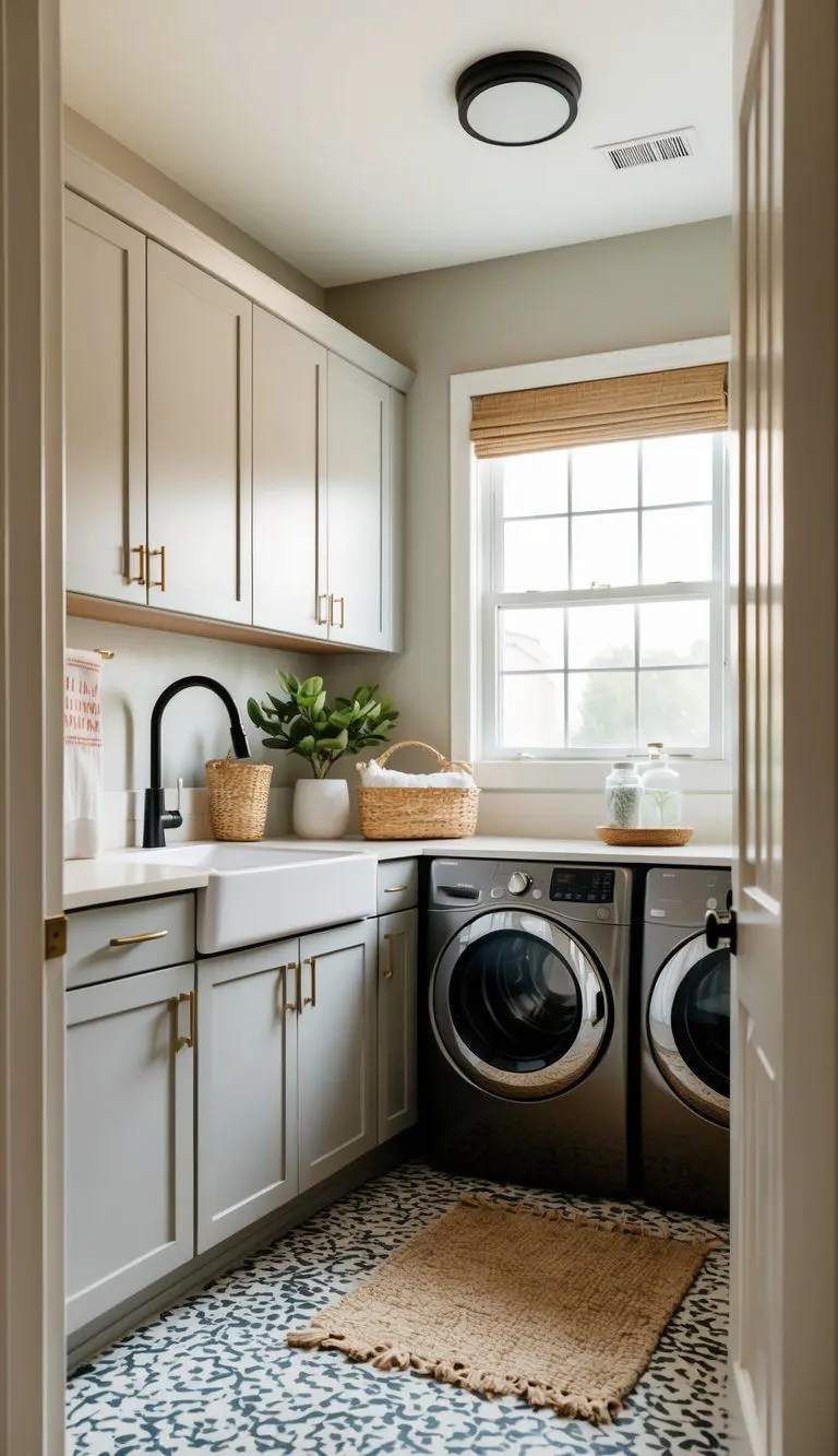 A small laundry room with modern cabinet colors, sleek appliances, and stylish decor