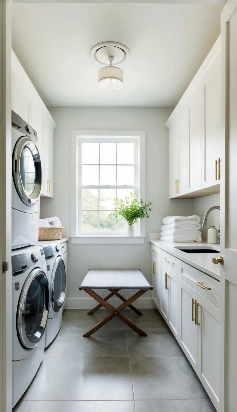 A bright, organized basement laundry room with modern appliances, ample storage, and a folding table. A window lets in natural light, and the space is clean and clutter-free