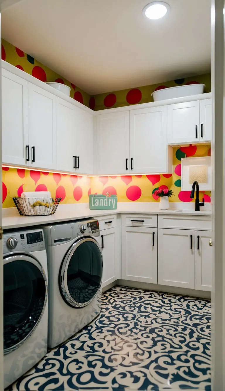 A basement laundry room with bold, vibrant wallpaper, bright lighting, and modern appliances