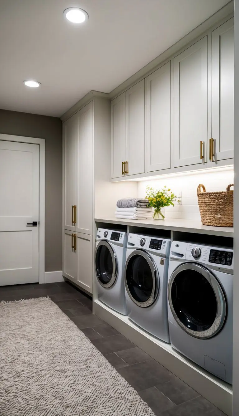 Sleek, built-in cabinetry lines the walls of a tidy basement laundry room, providing ample storage for supplies and linens