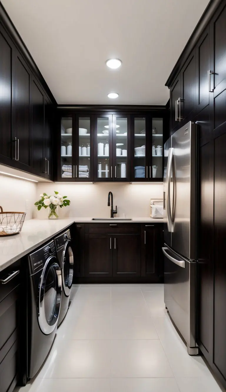 A sleek, modern laundry room with dark wood cabinets, stainless steel appliances, and chic, minimalist decor