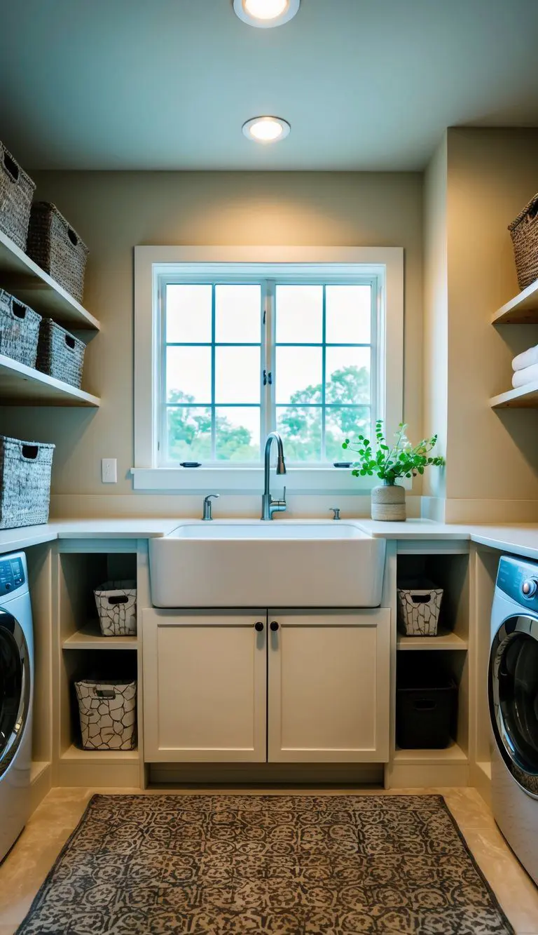 A spacious basement laundry room features a large utility sink for practicality, surrounded by shelves and storage units
