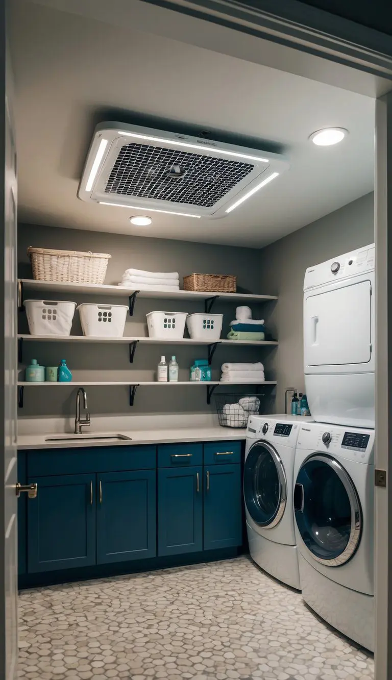 A basement laundry room with a ceiling-mounted air dryer, shelves with laundry supplies, a sink, and a washing machine and dryer