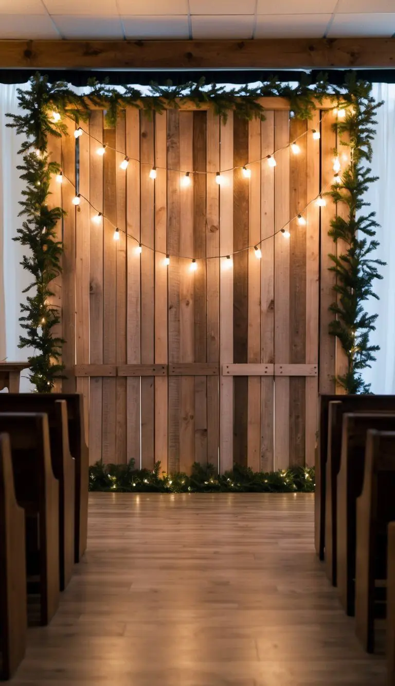 A wood pallet backdrop adorned with string lights creates a cozy and rustic atmosphere for a small church stage design