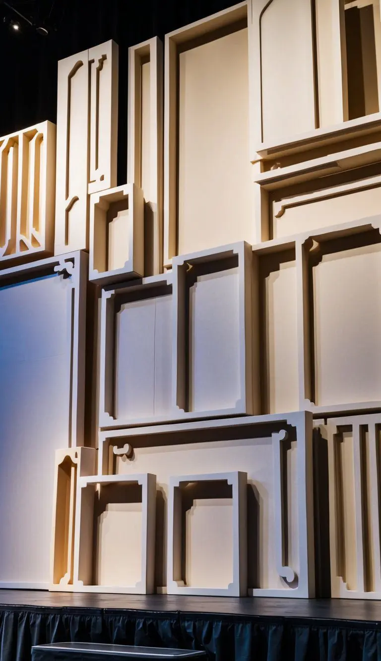 Foam boards with intricate cutouts arranged on a stage, casting artistic shadows