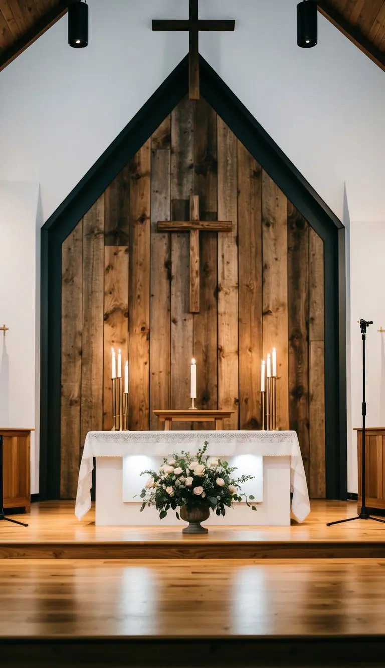 A small church stage with a rustic wooden backdrop and modern lighting fixtures