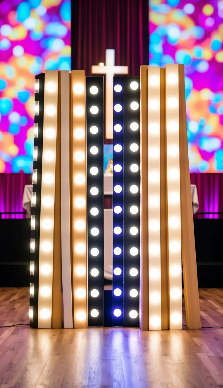 Foam boards arranged with LED light strips creating a vibrant and dynamic backdrop for a small church stage design