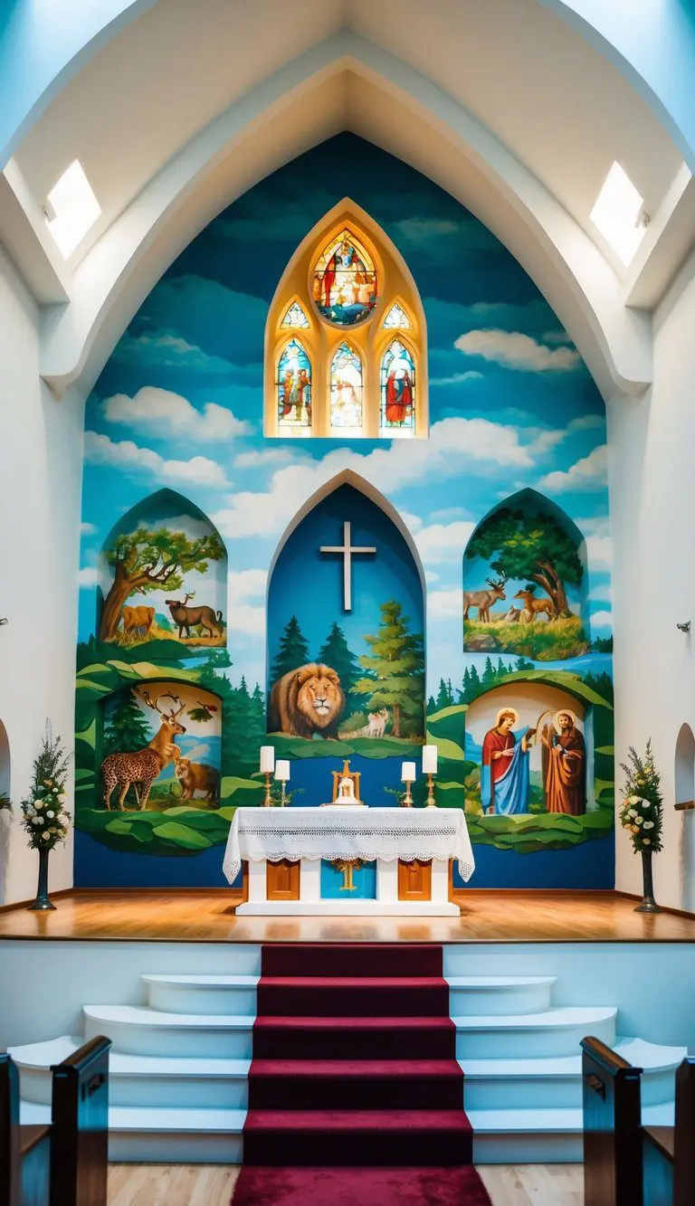 A small church stage with themed murals depicting visual storytelling elements such as nature, animals, and biblical scenes