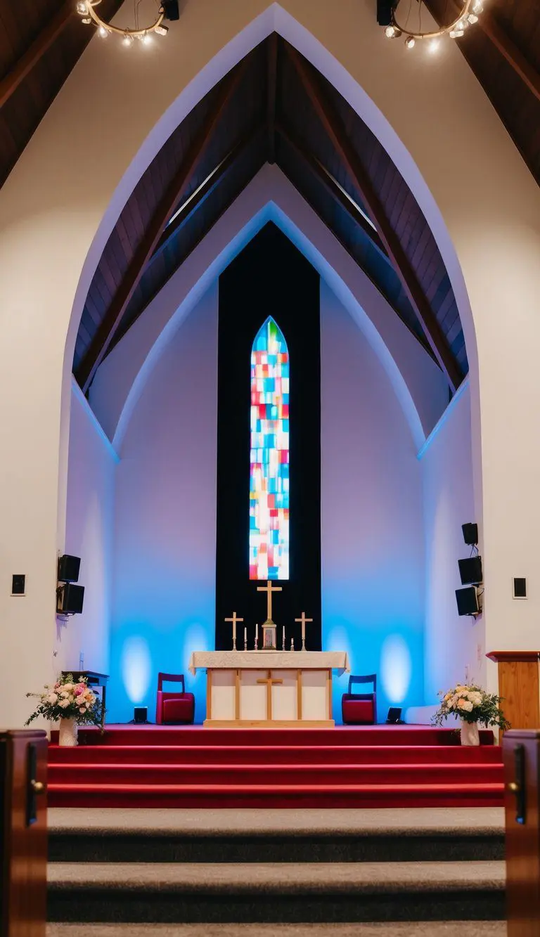 A small church stage with colorful lighting effects and creative design elements