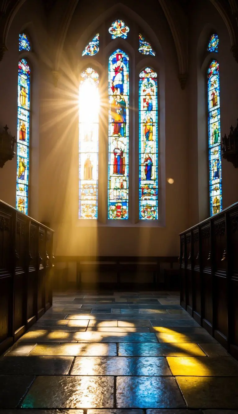 Sunlight streams through stained glass, casting colorful patterns on the stone floor of the church interior. The warm glow illuminates the ornate architectural details and creates a serene atmosphere