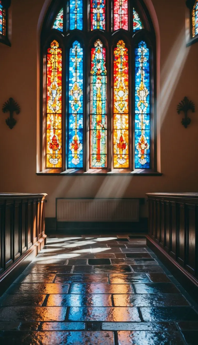 Sunlight streams through colorful stained glass windows, casting vibrant patterns on the stone floor of the church interior
